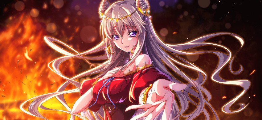 1girl arm_up artist_request backlighting bare_shoulders blue_ribbon blurry bokeh bracelet breasts code_geass code_geass:_lost_stories collarbone covered_navel depth_of_field double_bun dress earrings embers fire floating_hair game_cg gem gold_trim green_gemstone grey_hair hair_between_eyes hair_bun hand_on_own_chest hand_up happy highres jewelry leila_malcal long_hair looking_at_viewer medium_breasts night non-web_source off-shoulder_dress off_shoulder official_art outdoors outstretched_arm parted_lips puffy_short_sleeves puffy_sleeves purple_eyes purple_gemstone reaching reaching_towards_viewer red_dress red_gemstone ribbon short_sleeves sidelocks smile solo standing teeth tiara upper_body very_long_hair