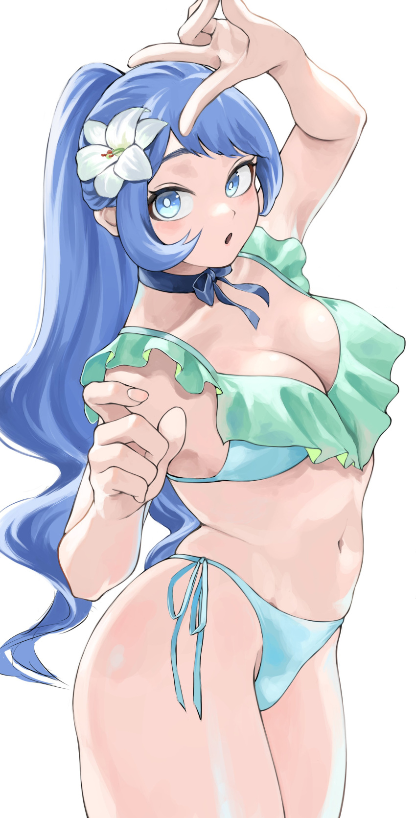 1girl absurdres bikini blue_bikini blue_eyes blue_hair blue_ribbon boku_no_hero_academia breasts cleavage fengling_(furin-jp) flower hadou_nejire hair_flower hair_ornament hands_up highres large_breasts long_hair looking_at_viewer navel ribbon simple_background solo swimsuit v white_background