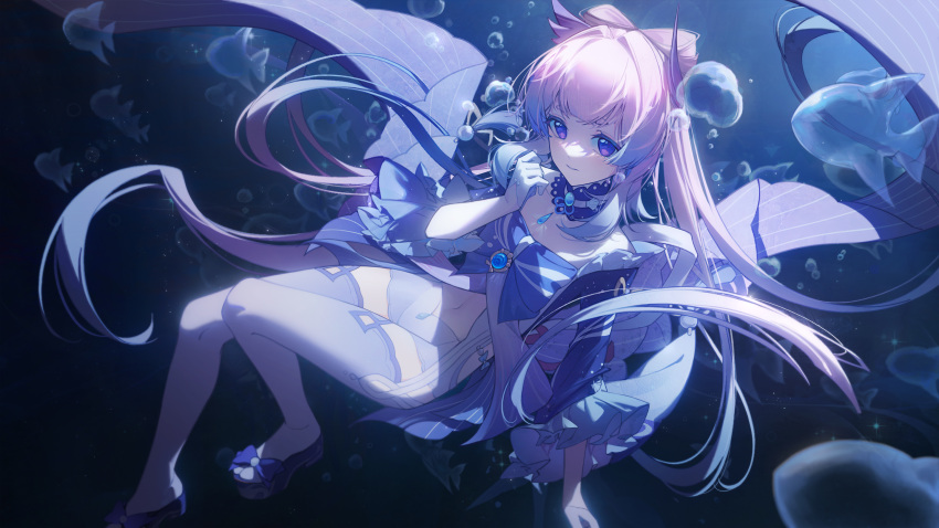 1girl ayanon_ite bangs blue_bow blue_bowtie blue_shirt bow bow-shaped_hair bowtie bubble closed_mouth commentary fish footwear_bow frilled_sleeves frills full_body genshin_impact gloves half_gloves hand_up highres long_hair looking_at_viewer navel pink_hair purple_eyes sandals sangonomiya_kokomi shirt shorts sleeves_past_elbows solo thighhighs underwater very_long_hair vision_(genshin_impact) white_gloves white_shorts white_thighhighs