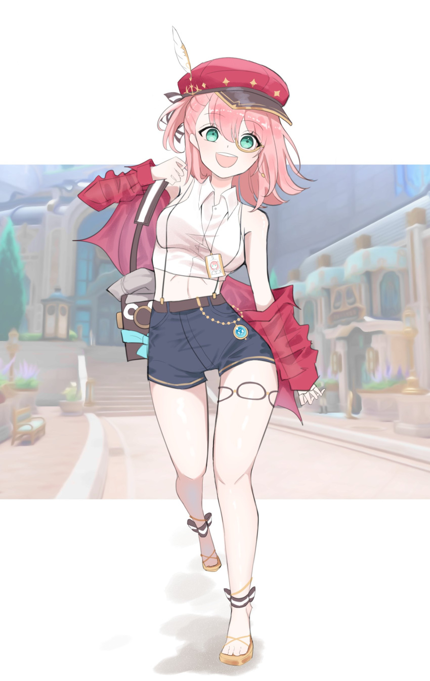 1girl absurdres alternate_costume bare_shoulders blue_shorts breasts cabbie_hat camera charlotte_(genshin_impact) crop_top cropped_shirt full_body genshin_impact green_eyes hat heejee_owo highres jacket jacket_partially_removed long_sleeves looking_at_viewer monocle open_mouth pink_hair red_hat red_jacket red_sleeves sandals shirt short_hair shorts sleeveless sleeveless_shirt smile solo vision_(genshin_impact)