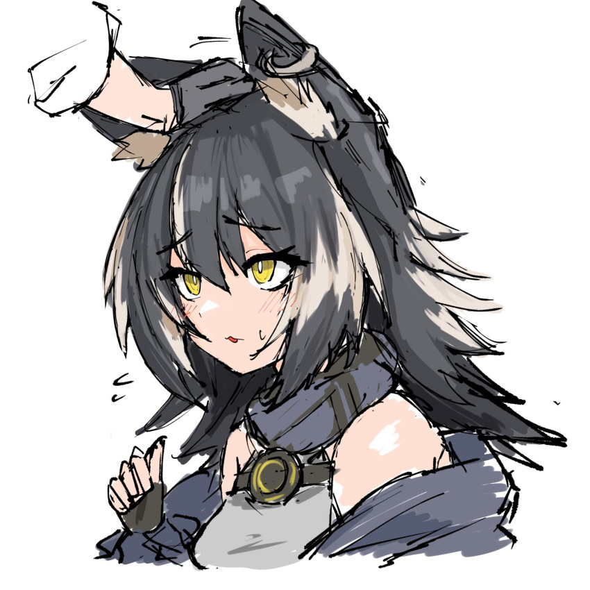 1girl animal_ears bare_shoulders blush breasts fingerless_gloves girls'_frontline_neural_cloud gloves hand_on_another's_head hashtag-only_commentary highres jacket long_hair multicolored_hair r_scrubed ranko_(neural_cloud) sketch yellow_eyes