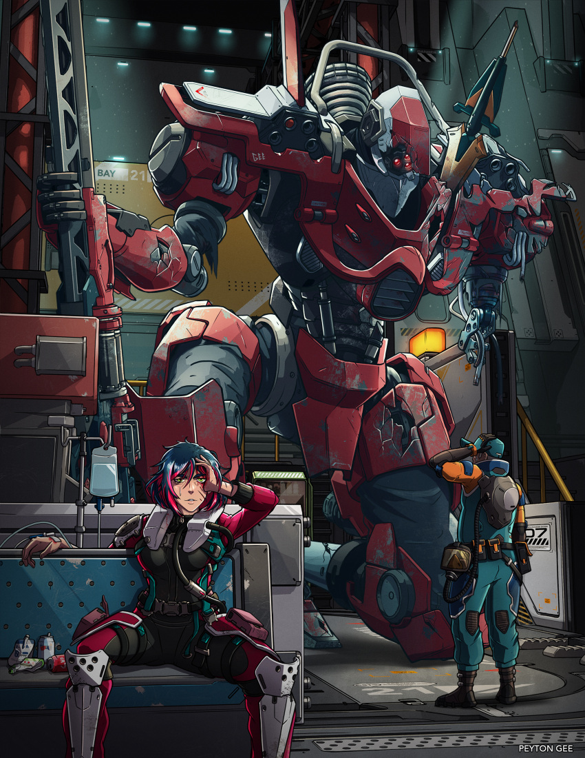 1boy 1girl absurdres belt black_belt black_bodysuit blood blood_on_face blue_hair blue_jumpsuit bodysuit cordonazo_monarch damaged english_commentary extra_eyes green_eyes gun hand_on_own_head highres holding holding_gun holding_weapon jumpsuit lancer_rpg mecha missing_limb multicolored_hair one_knee parted_lips peyton_gee pilot_suit pink_hair red_eyes robot science short_hair sitting spread_legs streaked_hair weapon