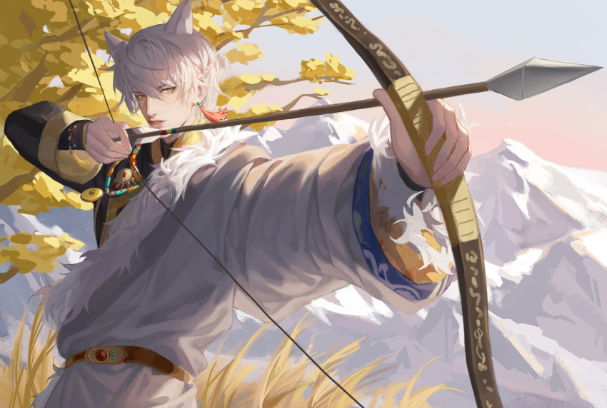 1boy absurdres ahuaigegetahenshuai arrow_(projectile) bangs bow_(weapon) chinese_clothes highres holding holding_arrow holding_bow_(weapon) holding_weapon light_and_night_love long_sleeves looking_at_viewer male_focus miao_clothes qi_sili short_hair solo tassel weapon white_hair