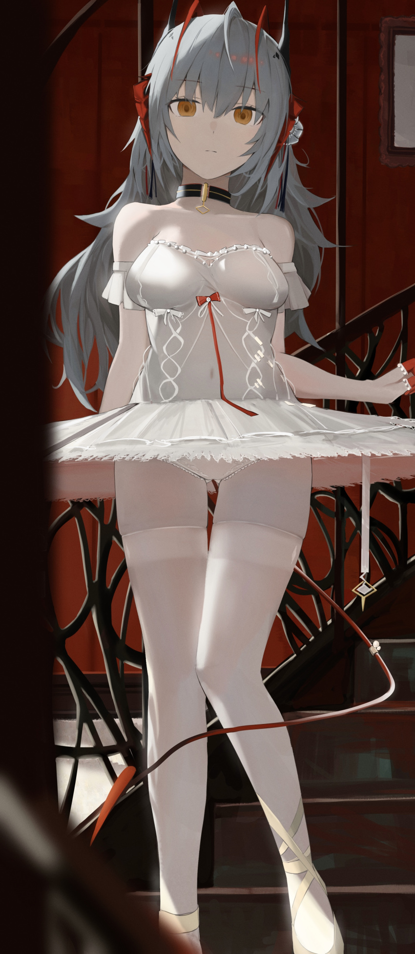1girl absurdres ahoge alternate_costume alternate_hair_length alternate_hairstyle antennae arknights ballerina bare_shoulders black_collar breasts collar demon_girl demon_horns demon_tail dress finger_cots grey_hair hair_between_eyes highres horns long_hair looking_at_viewer pantyhose red_background small_breasts solo standing tail thighband_pantyhose thighs tutu w_(arknights) white_dress white_pantyhose yellow_eyes yunkkker