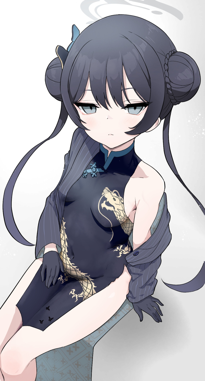 1girl black_dress black_gloves black_hair blue_archive breasts butterfly_hair_ornament china_dress chinese_clothes closed_mouth coat covered_navel double_bun dragon_print dress feet_out_of_frame gloves grey_coat grey_eyes grey_halo hair_bun hair_ornament halo highres kisaki_(blue_archive) long_hair long_sleeves looking_at_viewer oozumi_03 open_clothes open_coat sitting sleeveless sleeveless_dress small_breasts solo striped_clothes striped_coat twintails vertical-striped_clothes vertical-striped_coat