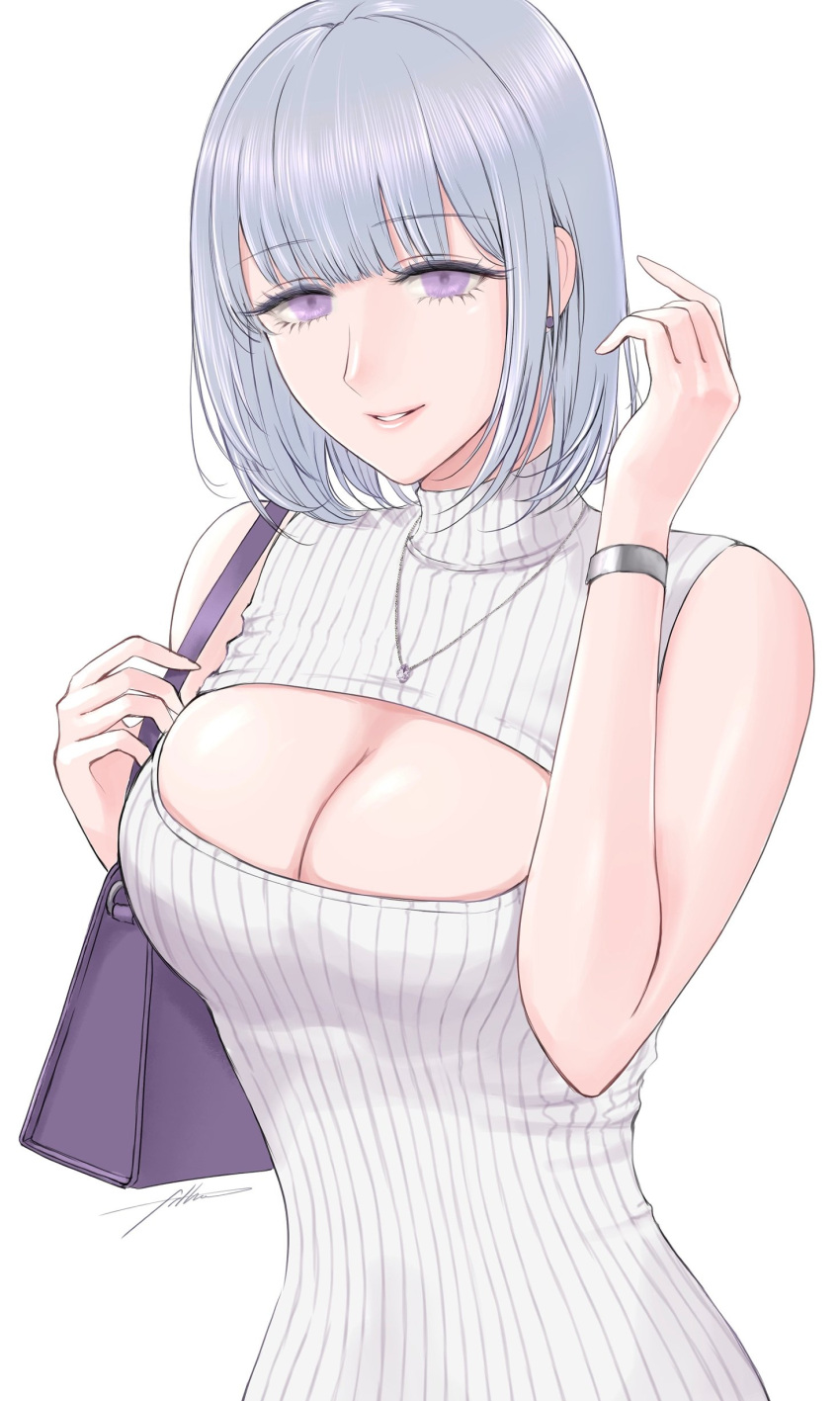 1girl absurdres arm_up artist_name bag bangs breasts cleavage filha girls'_frontline grey_hair highres holding holding_bag jewelry large_breasts light_smile looking_at_viewer medium_hair meme_attire necklace open_mouth parted_lips purple_bag purple_eyes rpk-16_(girls'_frontline) solo sweater_vest upper_body virgin_killer_sweater white_background white_sweater_vest