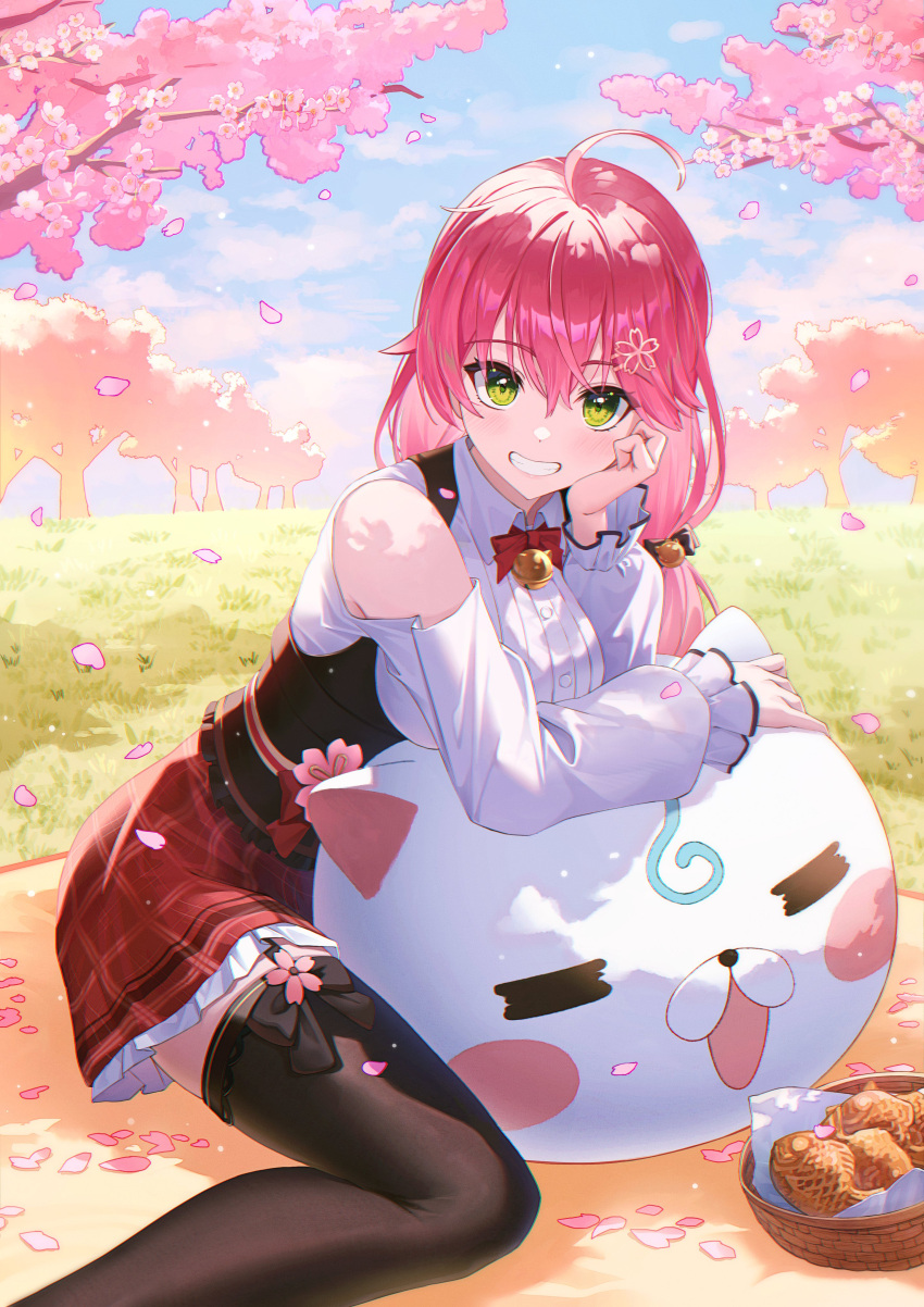1girl 35p_(sakura_miko) absurdres ahoge bell black_thighhighs bodice bow bowtie cherry_blossoms clothing_cutout collared_shirt commentary day double-parted_bangs feet_out_of_frame flower food frilled_skirt frilled_sleeves frills garter_straps grass green_eyes grin hair_between_eyes hair_flower hair_ornament hairclip hand_on_own_chin highres hololive jingle_bell long_hair long_sleeves looking_at_viewer low_twintails miniskirt neck_bell official_alternate_costume official_alternate_hairstyle outdoors pink_hair plaid plaid_skirt red_bow red_bowtie red_skirt sakura_miko sakura_miko_(casual) shirt shoulder_cutout sitting skirt smile solo star-ring taiyaki thighhighs twintails underbust virtual_youtuber wagashi wariza white_shirt