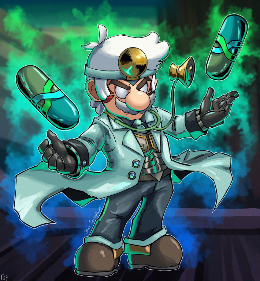 alternate_costume alternate_eye_color alternate_hair_color angry armor aura belt black_gloves blue_gemstone brown_footwear coat corruption crescent dark_persona doctor dr._mario dr._mario_(game) facial_hair fierce_deity frown gem gloves glowing highres lab_coat long_sleeves looking_at_viewer mario mario_(series) mustache pants pill possessed shoes short_hair standing stethoscope stoic_seraphim super_smash_bros. the_legend_of_zelda the_legend_of_zelda:_majora's_mask triangle white_hair