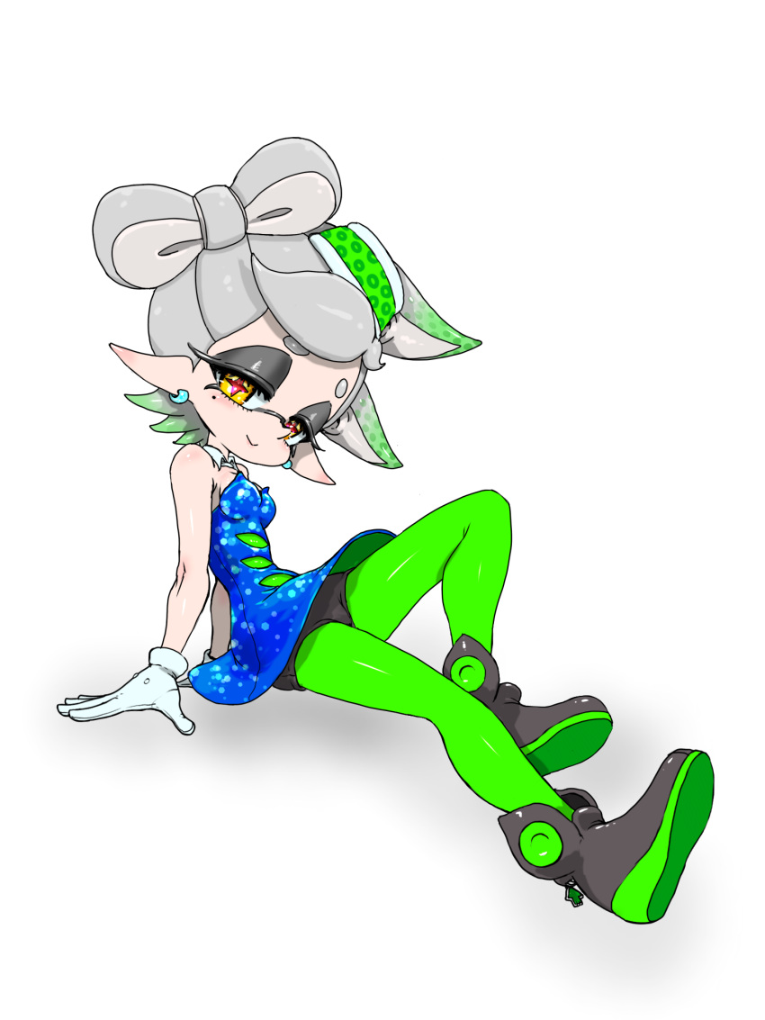 1girl ankle_boots bare_shoulders black_footwear blue_dress boots bow-shaped_hair breasts cleavage closed_mouth cross-shaped_pupils detached_collar dress earrings eyelashes full_body gloves gradient_hair green_hair green_pantyhose grey_hair highres inkling jewelry koharu2.5 marie_(splatoon) mole mole_under_eye multicolored_hair object_on_head pantyhose pointy_ears red_pupils short_dress short_eyebrows short_hair simple_background sitting smile solo splatoon_(series) splatoon_1 strapless strapless_dress symbol-shaped_pupils tentacle_hair two-tone_hair white_background white_gloves yellow_eyes