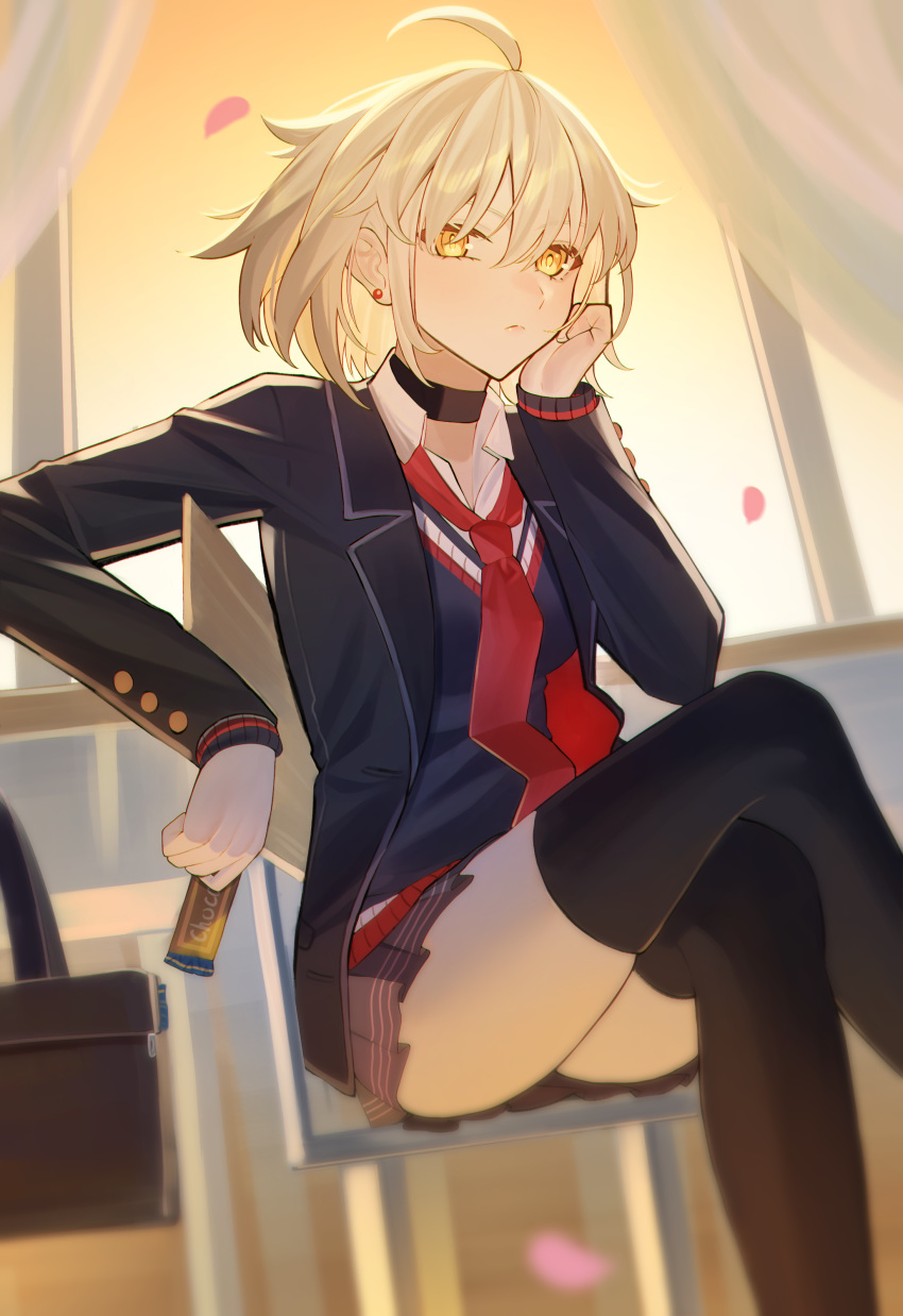 1girl absurdres ahoge blush breasts fate/grand_order fate_(series) grey_hair highres jeanne_d'arc_alter_(avenger)_(fate) jeanne_d'arc_alter_(fate) large_breasts light_(nightty45) long_sleeves looking_at_viewer orange_sky school_uniform short_hair sitting sky solo sunset twilight window yellow_eyes