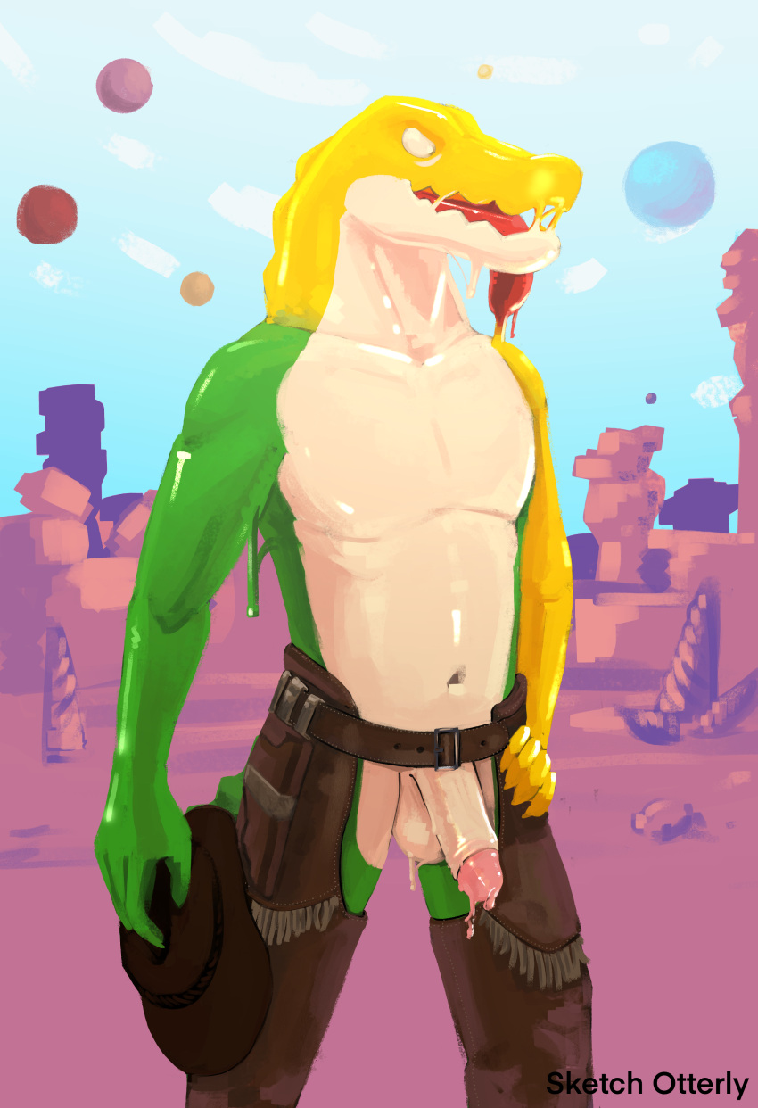 absurd_res alligator alligatorid animal_humanoid aroused bodily_fluids candy clothing cowboy cowboy_hat cowboy_outfit crocodilian crokodile dessert detailed_background flaccid food food_creature genitals glitch_productions gummigoo_(tadc) gummy_(food) gummy_creature hat headgear headwear hi_res holding_object humanoid humanoid_genitalia humanoid_penis living_candy male penis posing_for_picture reptile reptile_humanoid scalie scalie_humanoid solo the_amazing_digital_circus tongue tongue_out