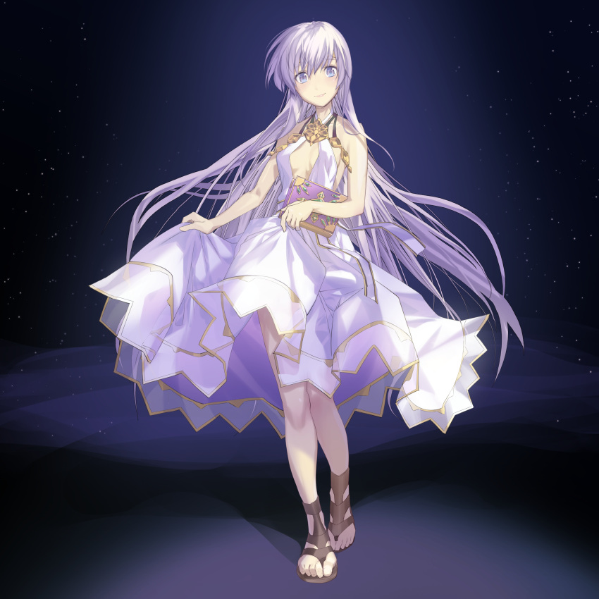 1girl absurdres aikura_chihiro bare_shoulders book breasts cape cleavage cleavage_cutout clothing_cutout dress fire_emblem fire_emblem:_genealogy_of_the_holy_war highres holding holding_book julia_(fire_emblem) long_hair looking_at_viewer purple_cape purple_eyes purple_hair sandals simple_background small_breasts smile solo wide_sleeves