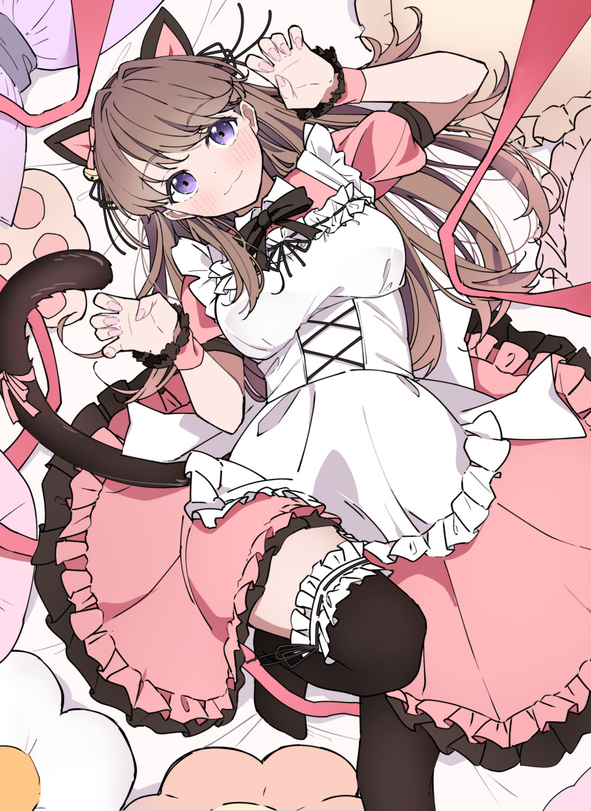1girl :3 animal_ears apron black_ribbon black_thighhighs blush breasts brown_hair cat_ears cat_tail claw_pose closed_mouth commentary dress fake_animal_ears fake_tail foot_out_of_frame frilled_dress frilled_thighhighs frills from_above fujishima_megumi highres knee_up link!_like!_love_live! liz_(piyoko_piyop) long_hair looking_at_viewer love_live! lying m's_one_day_(love_live!) maid maid_apron medium_breasts medium_dress neck_ribbon official_alternate_costume on_back on_bed over-kneehighs pink_dress pink_wrist_cuffs purple_eyes ribbon short_sleeves solo tail thighhighs two_side_up virtual_youtuber white_apron wrist_cuffs