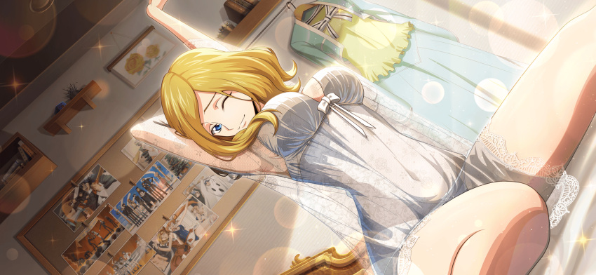 1girl armpits arms_up artist_request bedroom blonde_hair blue_eyes blue_jacket blue_skirt book bookshelf bow bow_panties breasts bulletin_board closed_mouth clothes_hanger code_geass code_geass:_lost_stories dutch_angle game_cg half-closed_eye happy highres indoors jacket lace_trim large_breasts lens_flare lingerie long_sleeves looking_at_viewer medium_hair milly_ashford navel negligee non-web_source official_art on_bed one_eye_closed panties parted_bangs photo_(object) see-through shelf shirt sidelocks sitting skirt smile solo sparkle split_mouth stomach stretching thighs underwear unworn_jacket unworn_shirt unworn_skirt waking_up white_bow white_panties yellow_shirt