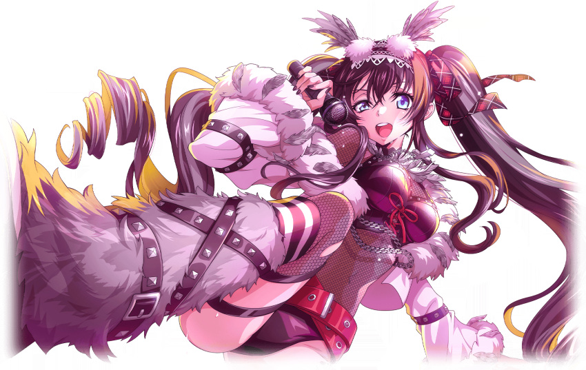 1girl arm_up artist_request belt black_hair black_nails black_panties black_shirt black_thighhighs boots breasts code_geass code_geass:_lost_stories crop_top cropped_jacket cropped_legs cross cross_necklace drill_hair dutch_angle feather_hair_ornament feathers fishnet_thighhighs fishnet_top fishnets foreshortening fur-trimmed_footwear fur-trimmed_jacket fur-trimmed_sleeves fur_collar fur_trim game_cg grey_feathers grey_footwear hair_between_eyes hair_ornament hair_ribbon hairband half-closed_eye hand_up happy head_tilt highres holding holding_microphone jacket jewelry knee_boots lace-trimmed_hairband lace_trim latin_cross long_hair long_sleeves looking_at_viewer maya_disel medium_breasts microphone music navel necklace non-web_source off-shoulder_jacket off_shoulder official_art open_mouth outstretched_arm panties plaid plaid_hairband plaid_ribbon red_hairband red_ribbon ribbon shirt sidelocks simple_background singing sleeveless sleeveless_shirt smile solo spread_legs squatting stomach sweat teeth thigh_strap thighhighs torn_clothes torn_thighhighs transparent_background twin_drills twintails undershirt underwear uneven_eyes very_long_hair white_jacket wide_sleeves