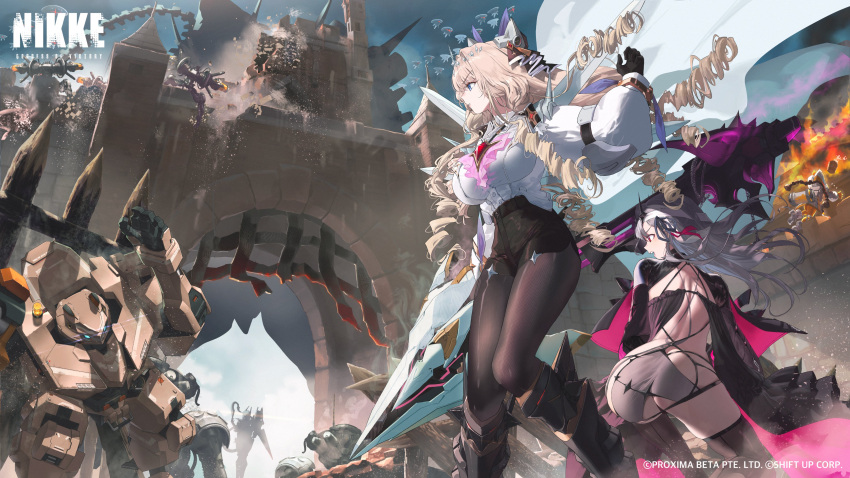 4girls absurdres ass black_pantyhose blonde_hair blue_eyes brown_hair castle chime_(nikke) commentary crown_(nikke) day drill_hair english_commentary explosion goddess_of_victory:_nikke grey_hair gun highres holding holding_gun holding_weapon indivilia_(nikke) lance long_hair long_sleeves looking_at_another mecha modernia_(second_affection)_(nikke) multiple_girls official_art outdoors pantyhose polearm rapture_(nikke) red_eyes robot second-party_source shirt shirt_tucked_in standing tail talos_(nikke) watermark weapon white_shirt