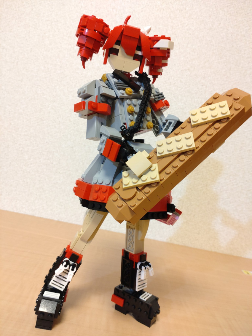 1girl ahoge baguette black_footwear boots bread buttons choroli_(chorolin) contrapposto double-breasted drill_hair food full_body grey_jacket grey_skirt hair_between_eyes hair_ribbon highres holding holding_food jacket kasane_teto kasane_teto_(sv) lego_(medium) long_sleeves looking_at_viewer oversized_food oversized_object red_eyes red_hair ribbon shoulder_belt skirt solo standing synthesizer_v twin_drills unconventional_media utau white_ribbon