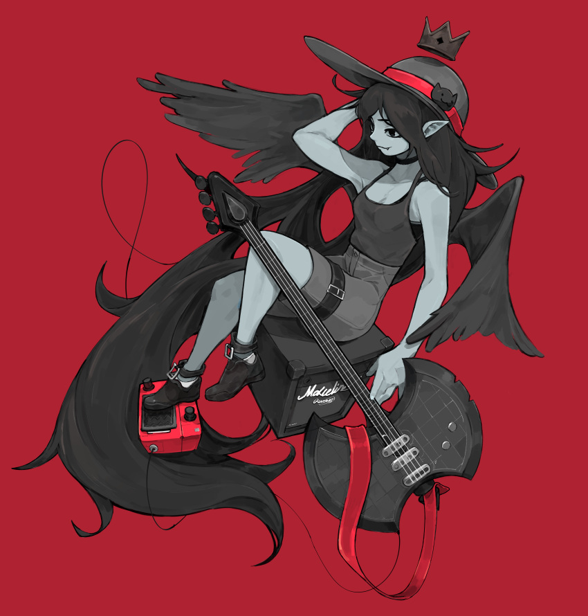 1girl absurdres adventure_time axe_guitar bat_hat_ornament belt boots cable collarbone commentary crop_top electric_guitar floating_crown from_side full_body greyscale_with_colored_background guitar hanmaeeki hat highres instrument long_hair looking_to_the_side marceline_abadeer pointy_ears red_background shorts sitting solo speaker spot_color sun_hat tank_top thigh_belt thigh_strap very_long_hair wings