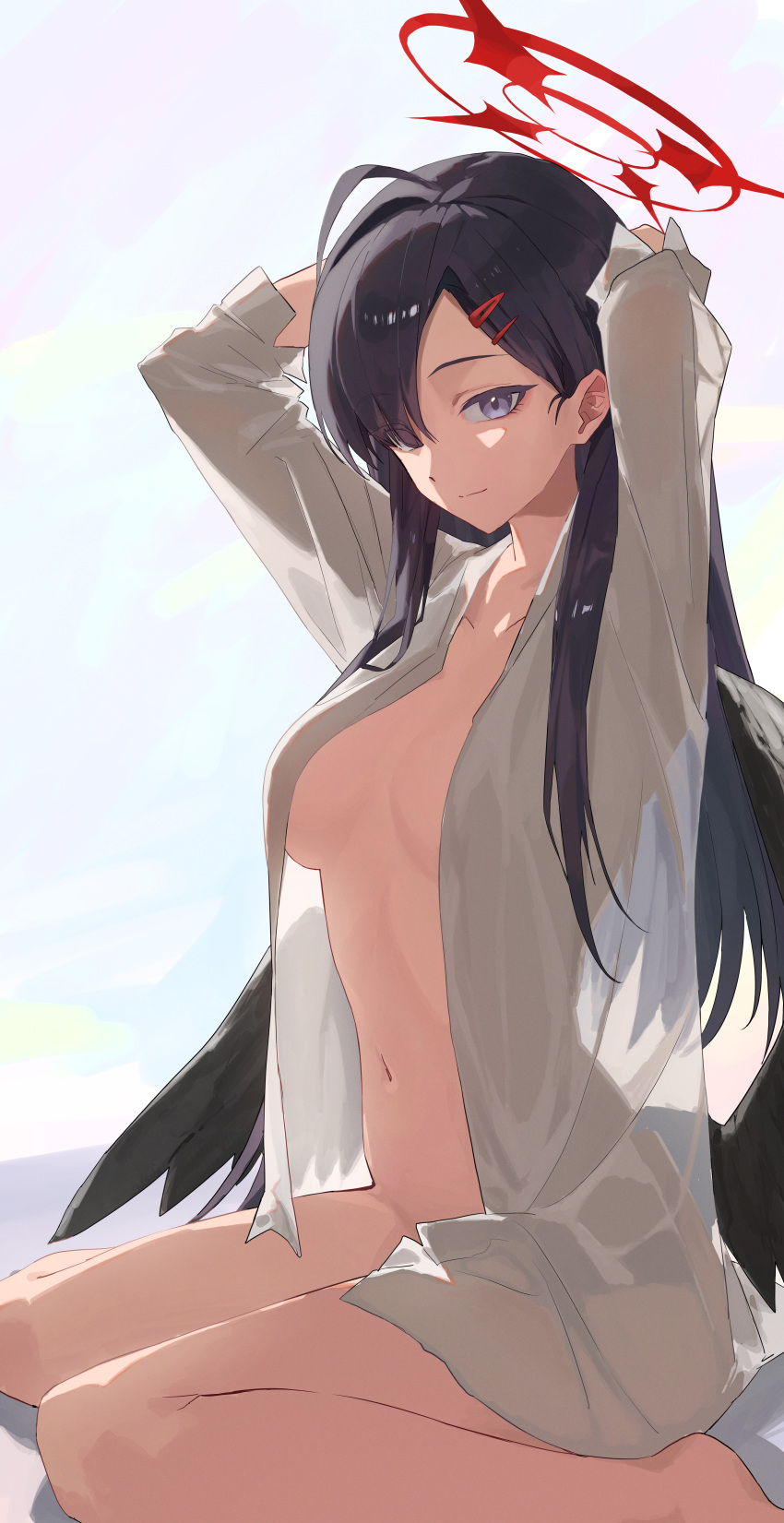 1girl absurdres arms_up barefoot black_hair black_wings blue_archive breasts closed_mouth commentary_request feathered_wings hair_ornament hairclip halo highres ichika_(blue_archive) large_breasts long_hair long_sleeves matcha_(matttttya1) naked_shirt open_clothes open_shirt see-through see-through_shirt shirt sitting smile solo white_shirt wings