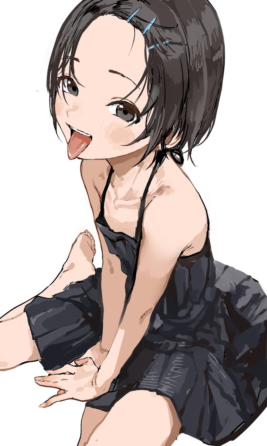 1girl :p absurdres bare_arms bare_shoulders barefoot between_legs black_dress black_eyes black_hair collarbone commentary_request dress forehead hair_ornament hairclip hand_between_legs highres looking_at_viewer open_mouth original parted_bangs simple_background sitting sleeveless sleeveless_dress smile solo tongue tongue_out wariza white_background yamamoto_souichirou