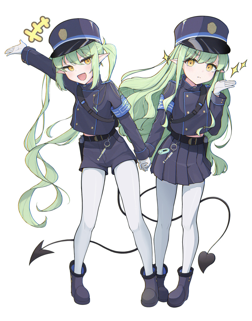 2girls absurdres black_footwear black_hat black_jacket black_shorts black_skirt black_tail blue_archive blush boots closed_mouth demon_tail full_body gloves green_hair hat highres hikari_(blue_archive) jacket jimieokaes long_hair long_sleeves looking_at_viewer multiple_girls nozomi_(blue_archive) open_mouth pantyhose peaked_cap pleated_skirt pointy_ears shorts siblings simple_background sisters skirt smile tail twins twintails white_background white_gloves white_pantyhose yellow_eyes