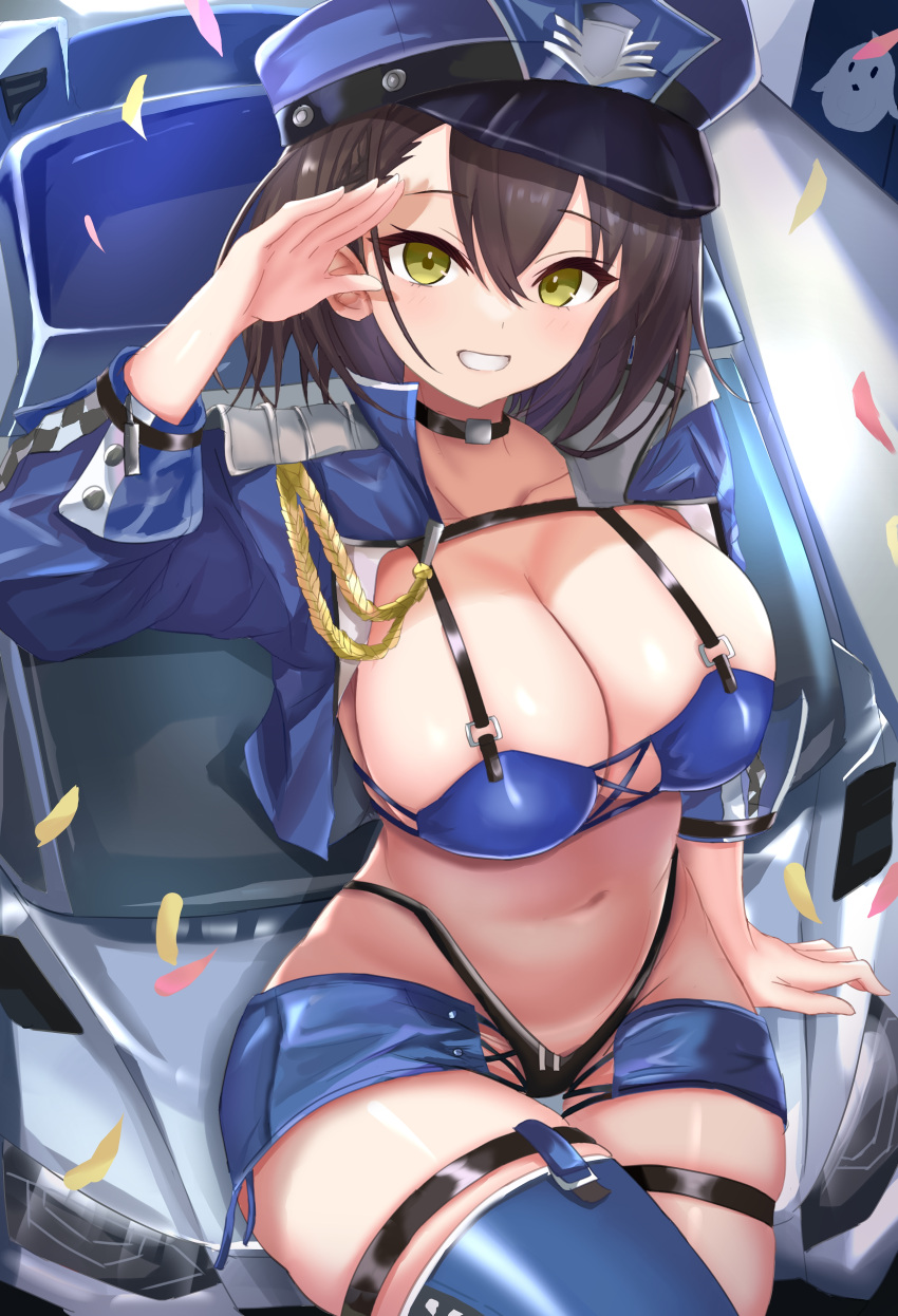 1girl absurdres ana_(vvvvor) arm_up azur_lane baltimore_(azur_lane) bangs bikini black_bikini blue_bikini blue_headwear blue_jacket braid breasts brown_hair car choker cleavage cropped_jacket french_braid gloves green_eyes grin ground_vehicle hair_between_eyes hat highleg highleg_bikini highres jacket large_breasts looking_at_viewer mismatched_bikini motor_vehicle navel official_alternate_costume open_clothes open_jacket peaked_cap race_queen short_hair single_thighhigh sitting sitting_on_car smile solo stomach sweatdrop swimsuit teeth thigh_gap thigh_strap thighhighs