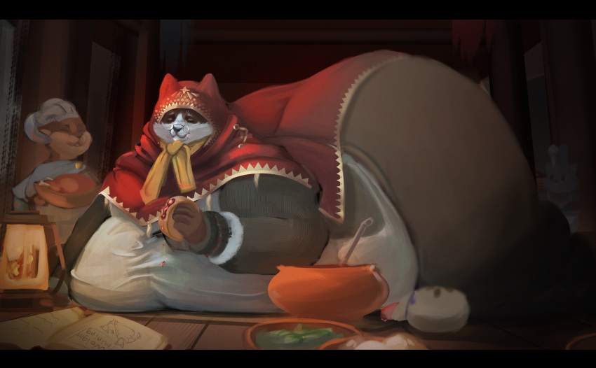 absurd_res anthro apron belly big_butt book butt cake capcom clothing dessert eyewear felid feline female folds food glasses grammeowster_chef group hi_res jelly_(food) kitchen lamp male male/female mammal monster_hunter overweight overweight_anthro overweight_female puffed_cheeks ruby_panda_(artist) scarf thick_thighs trio wide_hips