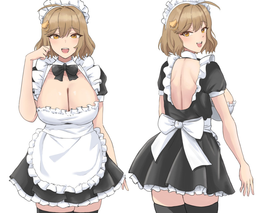 1girl ahoge alternate_costume anis_(nikke) apron bow bowtie breasts brown_eyes brown_hair cleavage frills goddess_of_victory:_nikke highres large_breasts looking_at_viewer maid maid_apron maid_headdress puffy_short_sleeves puffy_sleeves short_hair short_sleeves white_background