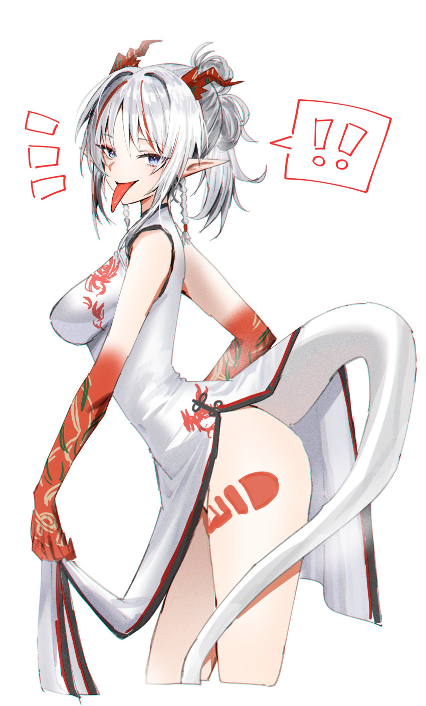 ! !! 1girl absurdres arknights blue_eyes breasts china_dress chinese_clothes colored_skin commentary_request dragon_girl dragon_horns dragon_tail dress earrings from_side gradient_skin highres horn/wood horns jewelry leg_tattoo long_hair long_tongue looking_at_viewer medium_breasts multicolored_hair multicolored_skin nian_(arknights) nian_(unfettered_freedom)_(arknights) official_alternate_costume pelvic_curtain pointy_ears ponytail red_eyes red_hair red_horns red_skin red_tassel side_slit simple_background solo spoken_exclamation_mark streaked_hair tail tassel tassel_earrings tattoo thighs tongue tongue_out upper_body white_background white_dress white_hair white_tail
