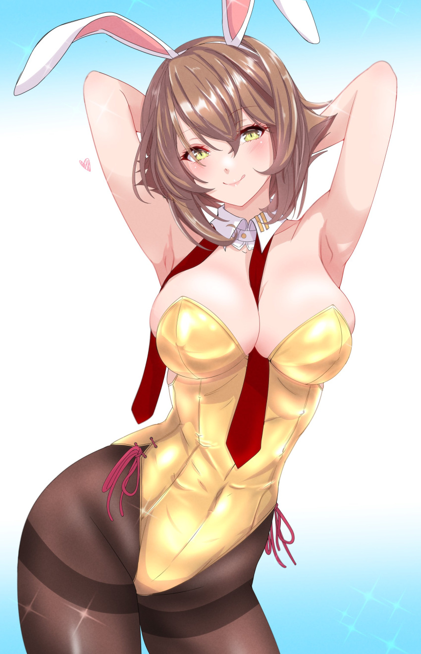1girl absurdres alternate_costume animal_ears arched_back armpits arms_behind_head between_breasts black_pantyhose breasts brown_hair closed_mouth commentary_request covered_navel fake_animal_ears gold_leotard green_eyes hair_between_eyes heart highres kantai_collection large_breasts looking_at_viewer mutsu_(kancolle) necktie necktie_between_breasts nitamako_(sakamalh) pantyhose playboy_bunny rabbit_ears short_hair simple_background smile solo undone_necktie