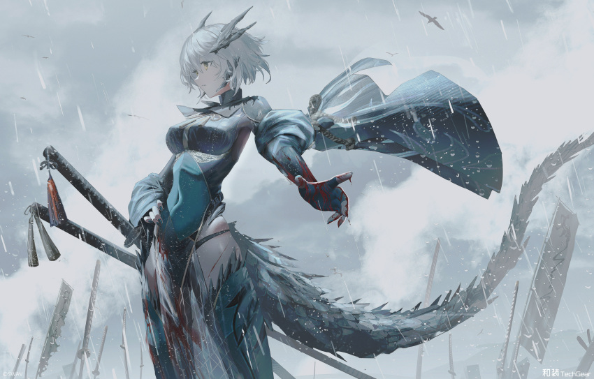 1girl animal bird black_panties blood blood_on_gloves blood_on_hands blue_dress blue_gloves blue_thighhighs breasts brown_eyes cloud cloudy_sky commentary_request covered_navel dragon_girl dragon_horns dragon_tail dress elbow_gloves fingerless_gloves gloves grey_hair hair_between_eyes highres horns katana medium_breasts original outdoors panties pelvic_curtain planted planted_sword rain skindentation sky solo swav sword tail thighhighs underwear weapon