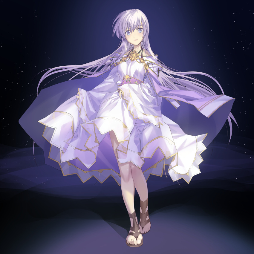 1girl absurdres aikura_chihiro cape dress fire_emblem fire_emblem:_genealogy_of_the_holy_war highres julia_(fire_emblem) long_hair looking_at_viewer open_mouth purple_cape purple_eyes purple_hair sandals simple_background solo wide_sleeves