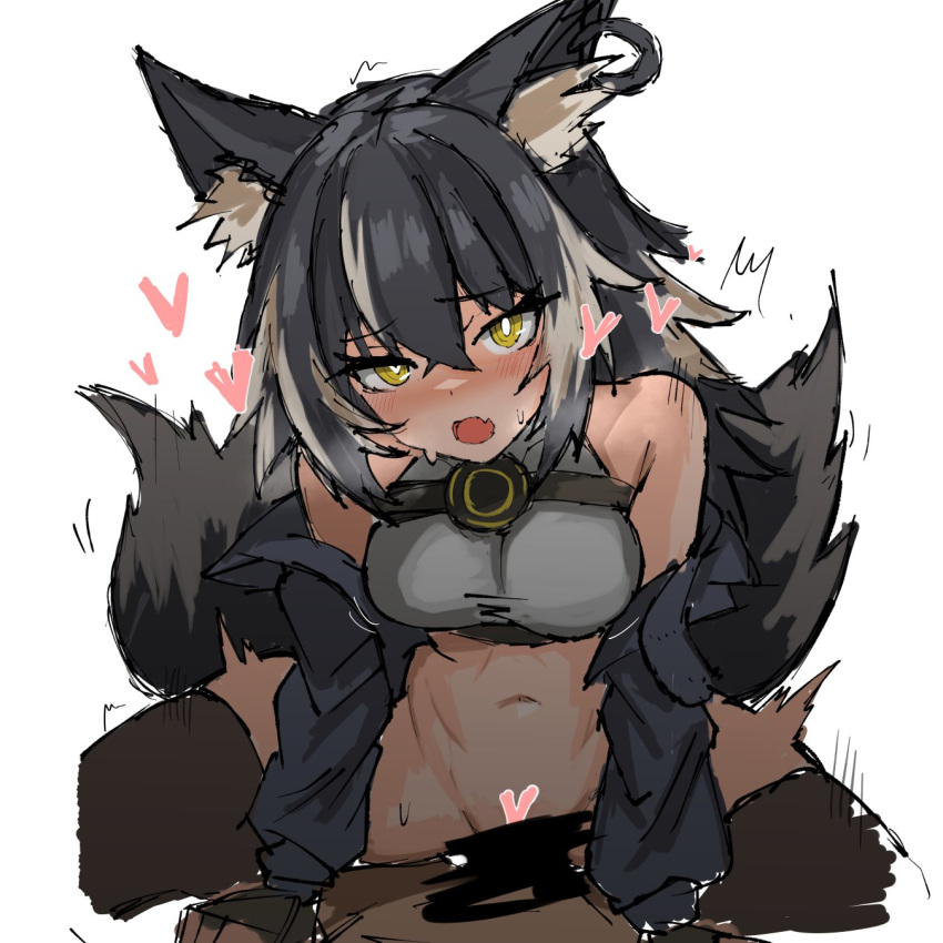 1boy 1girl animal_ears bare_shoulders black_thighhighs blush breasts censored fang girl_on_top girls'_frontline_neural_cloud heart highres implied_sex multicolored_hair navel r_scrubed ranko_(neural_cloud) skin_fang sweat tail thighhighs yellow_eyes