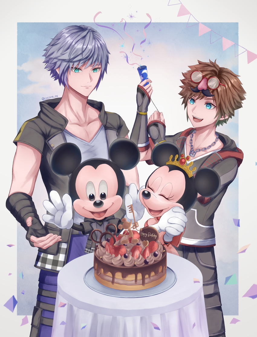 1girl 3boys :d absurdres artist_name birthday birthday_cake black_gloves black_jacket black_pants black_shirt blue_eyes blue_pants blue_sky border brown_hair cake chain chain_necklace closed_eyes closed_mouth cloud cloudy_sky cocoro_oq commentary_request crown crown_necklace disney dress fingerless_gloves food furry furry_female furry_male gloves green_eyes groucho_glasses happy happy_birthday highres holding holding_party_popper hood hood_down hooded_jacket jacket jewelry kingdom_hearts kingdom_hearts_iii looking_at_viewer mickey_mouse minnie_mouse mouse_boy mouse_girl multiple_boys necklace open_clothes open_jacket open_mouth outdoors outside_border pants party party_popper red_dress riku_(kingdom_hearts) shirt short_hair short_sleeves sky smile sora_(kingdom_hearts) spiked_hair string_of_flags white_border white_gloves white_hair white_shirt