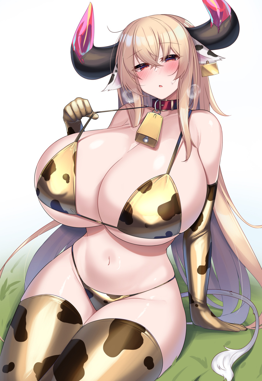 1girl absurdres animal_ears animal_print arm_support bell bikini blonde_hair blush breasts cleavage commentary_request cow_ears cow_horns cow_print cow_print_bikini cow_print_gloves cow_print_thighhighs cow_tail cowbell crossed_bangs curvy ear_tag elbow_gloves gloves gold_bikini gold_gloves gold_thighhighs gradient_background grass highres horns huge_breasts kubiwa_(kutan) kutan long_hair looking_at_viewer navel open_mouth original print_bikini print_gloves print_thighhighs red_eyes sitting solo swimsuit tail thighhighs very_long_hair white_background