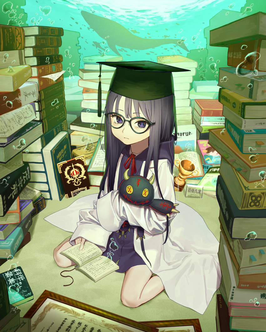 1girl absurdres air_bubble bangs book book_stack bubble child closed_mouth dress expressionless female_child fish glasses hat highres holding holding_stuffed_toy hood kneeling labcoat long_hair looking_at_viewer matsu_bokkuri mortarboard object_hug original purple_dress purple_eyes purple_hair seiza sitting solo stuffed_toy toy trophy underwater water whale