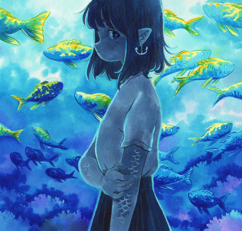 1girl anchor aquarium black_hair black_skirt blue_background blue_eyes blue_theme coral earrings fish frown heikala highres holding_own_arm jewelry looking_at_viewer medium_hair original painting_(medium) pointy_ears profile scales shirt shirt_tucked_in short_sleeves skirt solo traditional_media watercolor_(medium) white_shirt