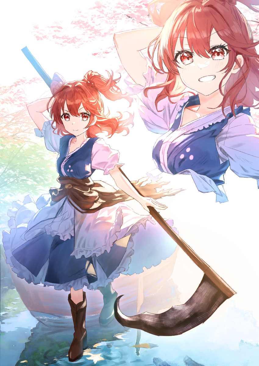 1girl absurdres blue_dress brown_footwear commentary_request dress hair_bobbles hair_ornament highres holding holding_scythe ibushi_roun multiple_views onozuka_komachi red_eyes red_hair scythe short_sleeves touhou two_side_up