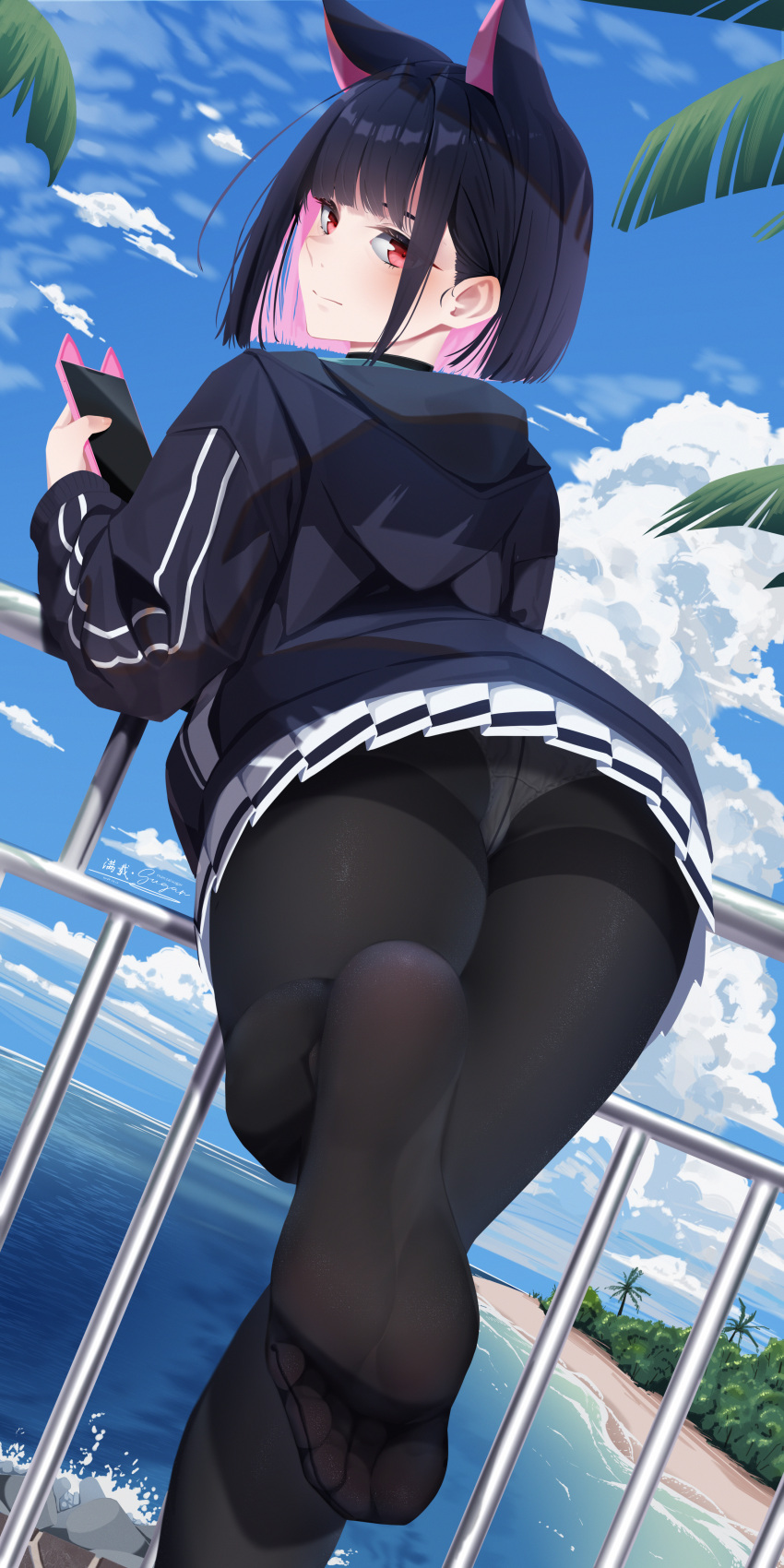 1girl absurdres animal_ears ass beach black_hair black_pantyhose blue_archive blue_hoodie cellphone closed_mouth colored_inner_hair day extra_ears feet from_behind hair_behind_ear highres holding holding_phone hood hood_down hoodie kazusa_(blue_archive) leaning_forward looking_at_viewer looking_back manzai_sugar multicolored_hair no_shoes outdoors palm_tree panties panties_under_pantyhose pantyhose phone pink_hair pleated_skirt red_eyes short_hair signature skirt smartphone soles solo standing standing_on_one_leg tree two-tone_hair underwear white_panties white_skirt