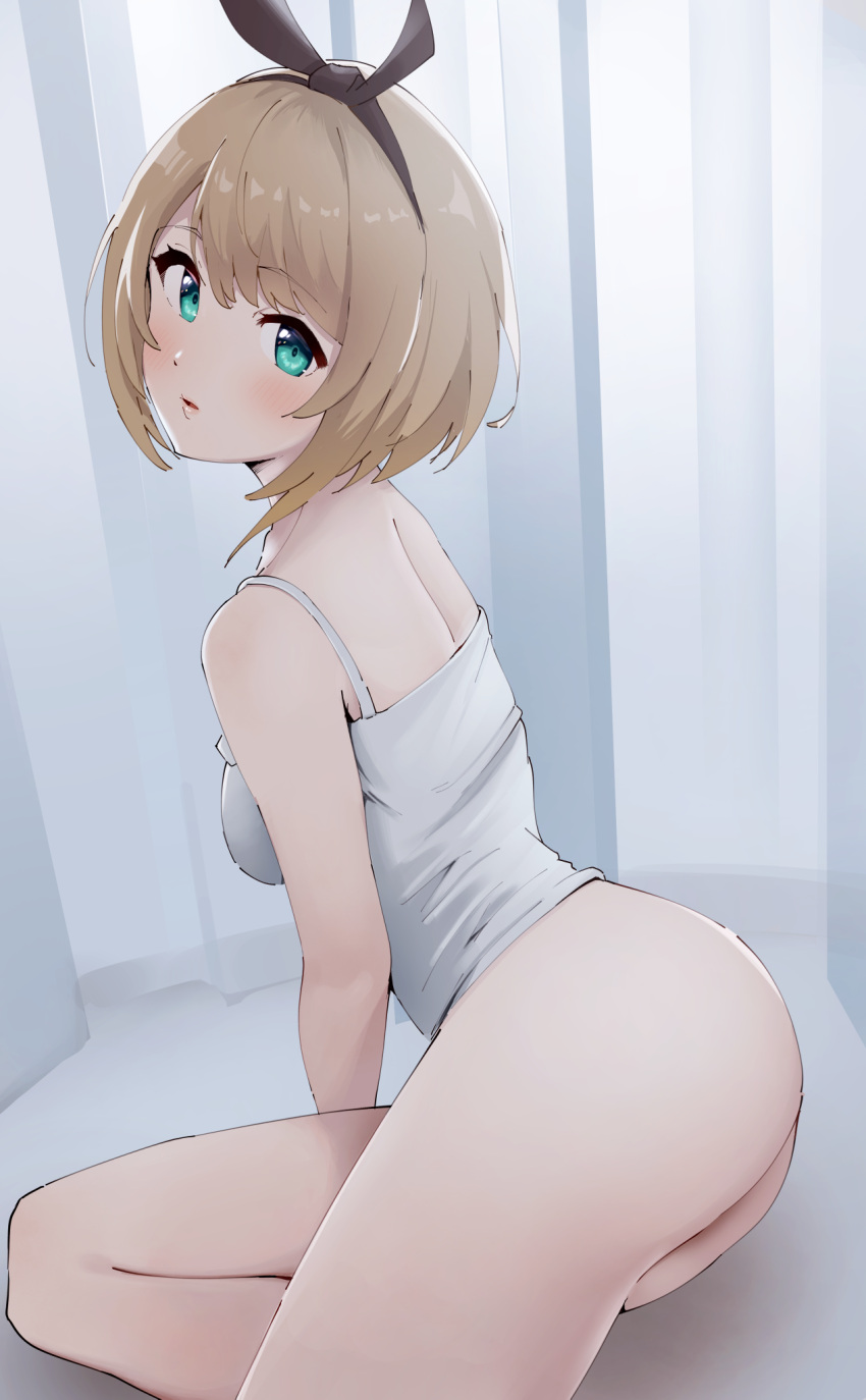 1girl aogiri_koukou aqua_eyes ass bare_arms bare_shoulders bottomless breasts brown_hair brown_hairband camisole curtains expressionless from_side hairband highres knee_up kurikoma_komaru leaning_forward light_blush lips looking_at_viewer looking_to_the_side medium_breasts parted_lips short_hair sitting solo swept_bangs taachika thighs white_camisole