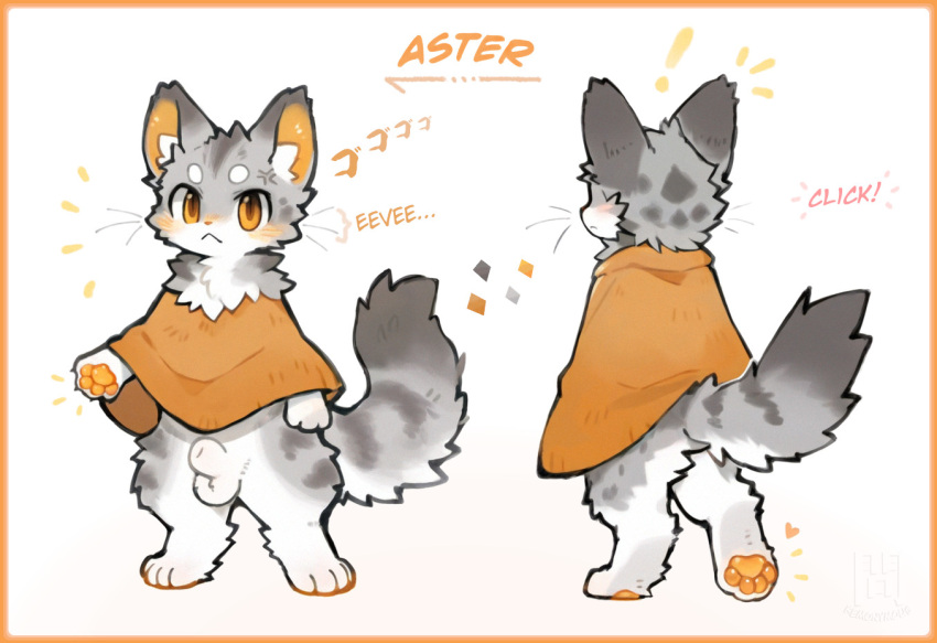 animal_genitalia anthro aster_(kemonymous) balls casual_nudity character_name clothing dialogue felid feline fully_sheathed genitals kemono kemonymous male mammal model_sheet onomatopoeia pawpads paws poncho right_to_left sequence sequential_arrow sheath solo sound_effects text