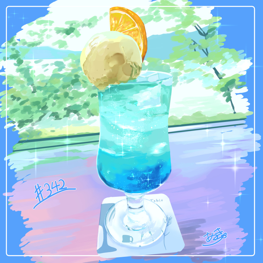 absurdres cloud coaster cup day drink drinking_glass food food_focus fruit highres ice_cream ice_cream_float melon_soda no_humans orange_(fruit) orange_slice original outdoors table takisou_sou