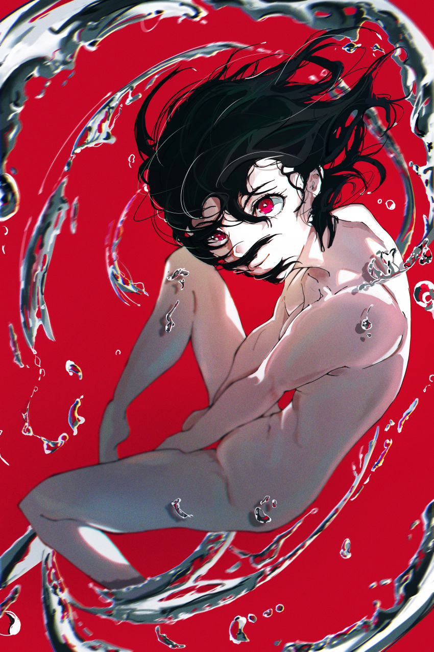1girl absurdres arm_support back big_chunger black_hair breasts closed_mouth collarbone completely_nude cropped_legs english_commentary hair_between_eyes highres invisible_chair knee_up medium_hair navel nude original red_background red_eyes sitting smile smirk solo water water_drop wind
