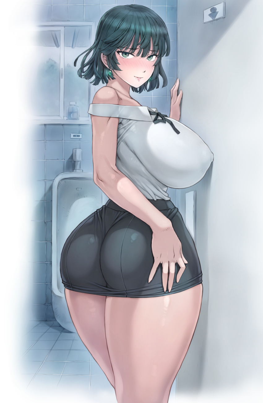 1girl absurdres alternate_costume ass bare_shoulders black_skirt breasts covered_nipples cowboy_shot from_behind fubuki_(one-punch_man) green_eyes green_hair highres huge_ass huge_breasts indoors jewelry large_breasts looking_at_viewer looking_back mature_female medium_hair mogudan mole no_bra one-punch_man pantylines pencil_skirt shirt short_hair skirt solo standing thighs white_shirt