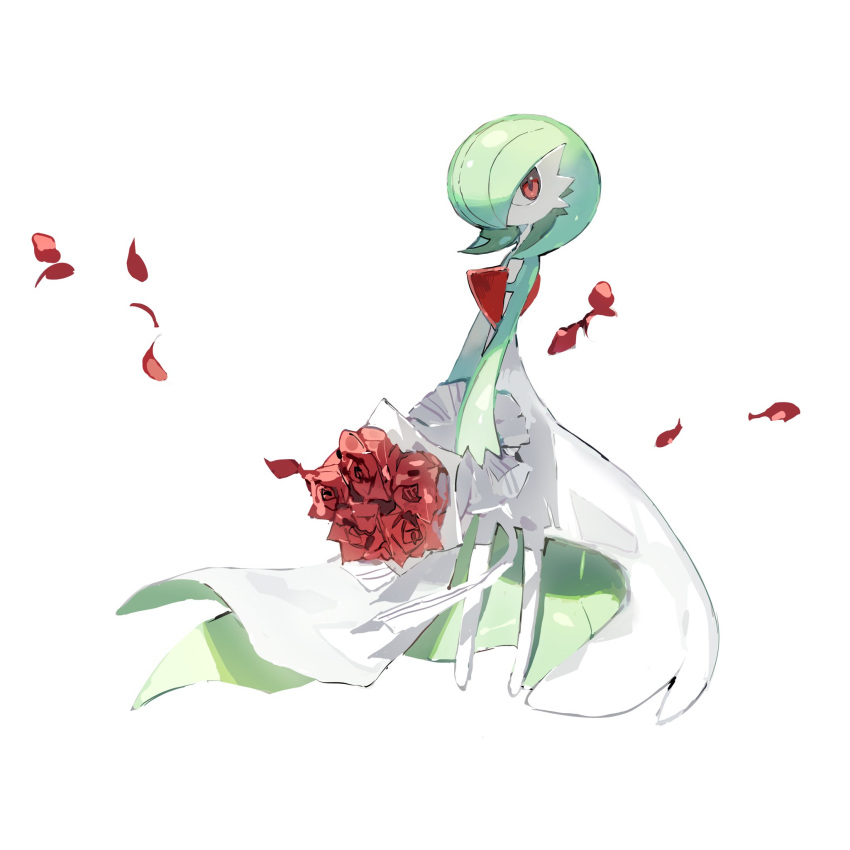 1other aisutabetao bouquet colored_skin flower full_body gardevoir green_hair green_skin highres holding holding_bouquet looking_at_viewer multicolored_skin petals pokemon pokemon_(creature) red_eyes red_flower red_rose red_skin rose simple_background solo white_background white_skin