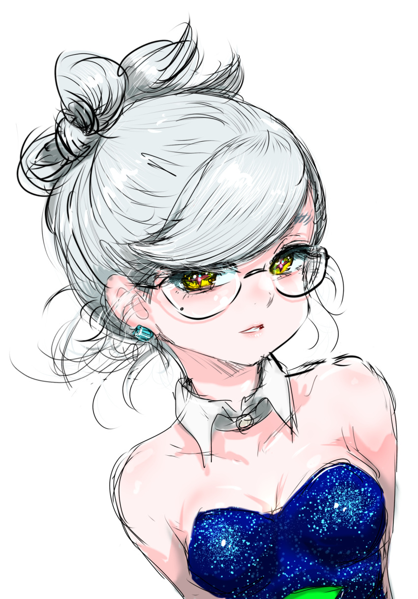 1girl bare_shoulders bespectacled bow-shaped_hair breasts cleavage cross-shaped_pupils detached_collar earrings glasses grey_hair highres humanization jewelry koharu2.5 marie_(splatoon) medium_breasts mole mole_under_eye parted_lips red_pupils short_hair solo splatoon_(series) splatoon_1 symbol-shaped_pupils upper_body yellow_eyes