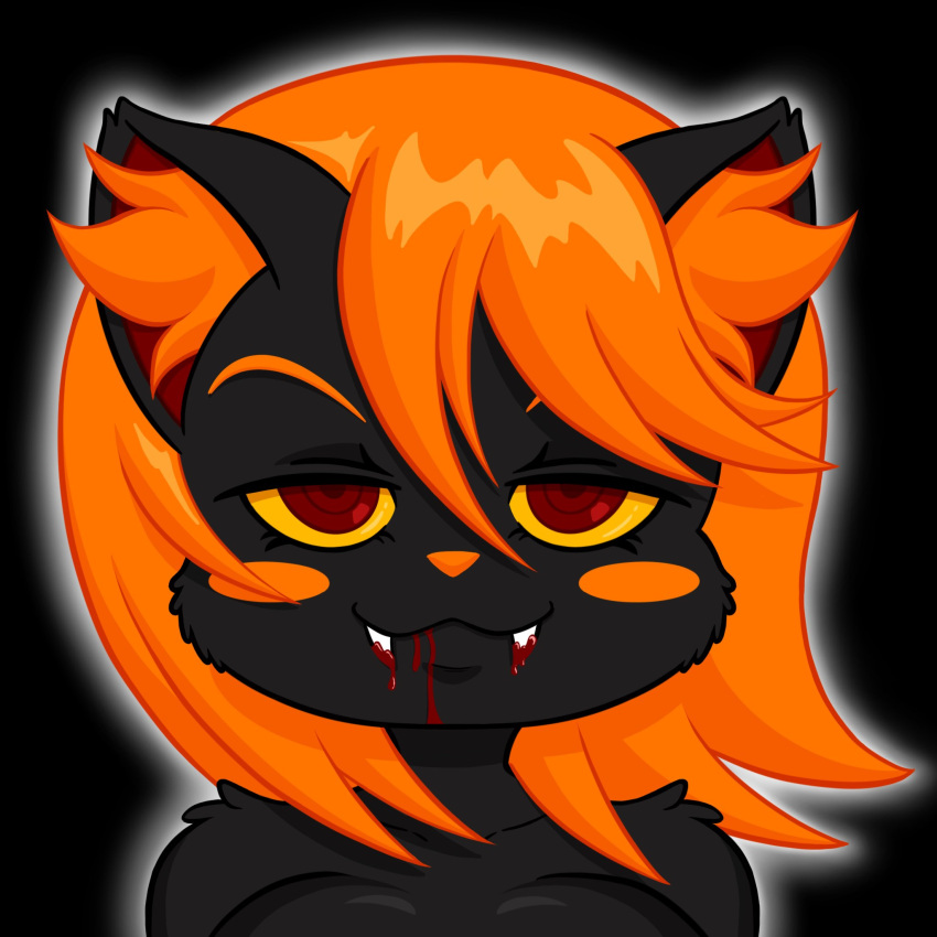 anthro black_background blood blood_from_mouth blood_in_mouth blush blush_stickers bodily_fluids breasts cat_smile chuchujellyart domestic_cat eyelashes fangs felid feline felis female front_view hair hi_res inner_ear_fluff looking_at_viewer mammal orange_hair red_eyes simple_background solo teeth tuft vampire yellow_sclera