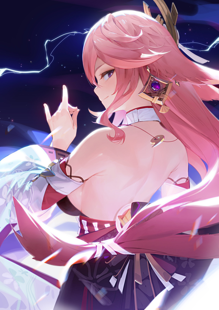 1girl absurdres bare_back breasts ddal detached_sleeves fox_shadow_puppet from_behind genshin_impact hair_ornament highres lightning magatama night night_sky pink_hair purple_hair sideboob sky smile solo star_(sky) starry_sky yae_miko