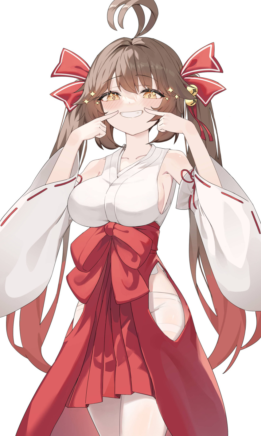 1girl absurdres alternate_costume antenna_hair bell blush breasts brown_hair cowboy_shot detached_sleeves girls'_frontline hair_bell hair_ornament hair_ribbon highres hip_vent japanese_clothes lemures long_hair looking_at_viewer m14_(girls'_frontline) miko pantyhose parted_lips red_ribbon red_skirt ribbon simple_background skirt smile solo teeth twintails white_background white_pantyhose wide_sleeves