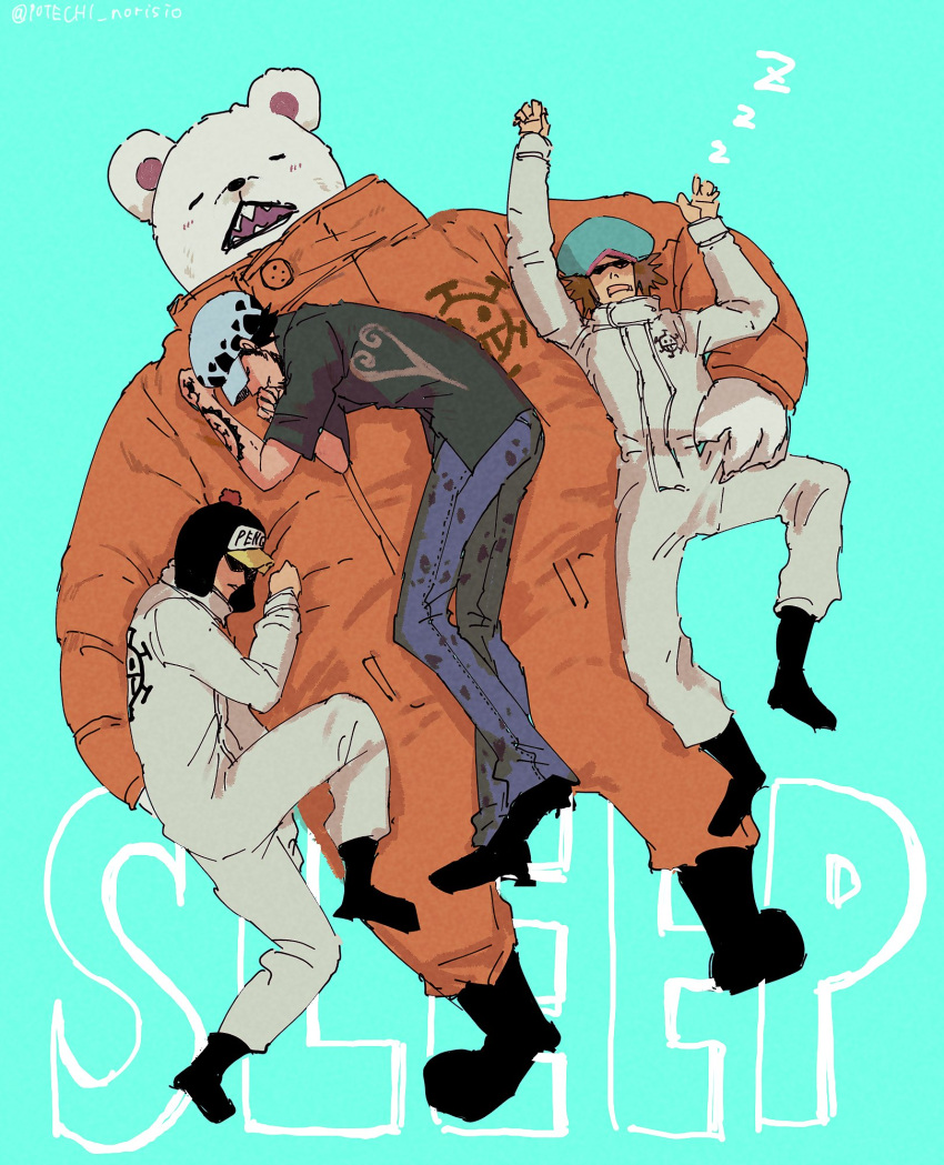 4boys arm_tattoo arms_up bear bepo black_footwear boots closed_eyes commentary_request denim full_body hat highres jeans jumpsuit light_blue_background long_sleeves male_focus multiple_boys one_piece orange_jumpsuit pants penguin_(one_piece) potechi_norisio profile shachi_(one_piece) sleeping sunglasses tattoo trafalgar_law white_jumpsuit zzz